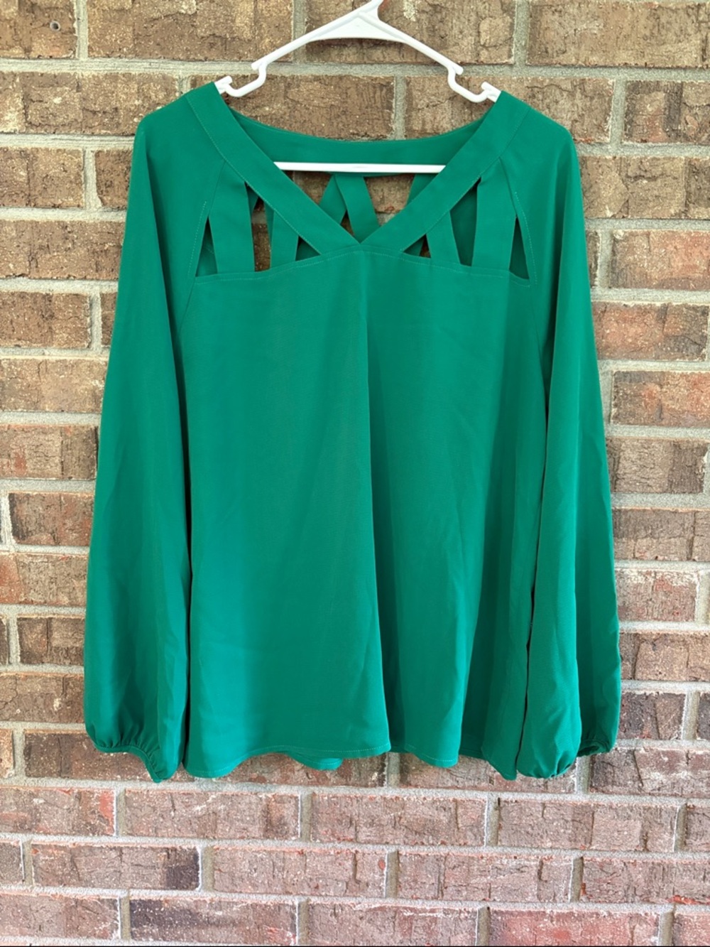 Skies Are Blue Emerald Green Long Sleeve Cutout V-Neck Blouse